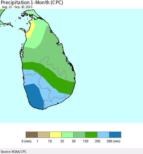 Sri Lanka Precipitation 1-Month (CPC) Thematic Map For 8/21/2023 - 9/20/2023