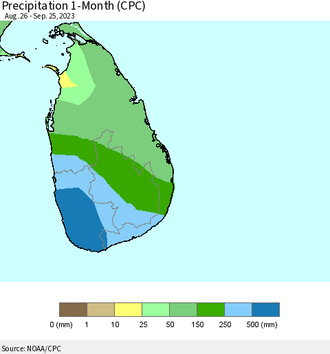 Sri Lanka Precipitation 1-Month (CPC) Thematic Map For 8/26/2023 - 9/25/2023