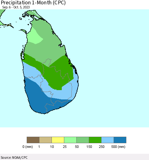 Sri Lanka Precipitation 1-Month (CPC) Thematic Map For 9/6/2023 - 10/5/2023