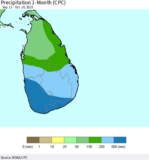 Sri Lanka Precipitation 1-Month (CPC) Thematic Map For 9/11/2023 - 10/10/2023