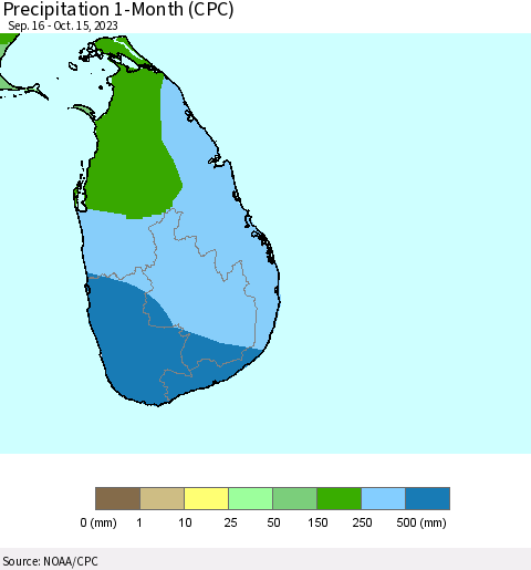 Sri Lanka Precipitation 1-Month (CPC) Thematic Map For 9/16/2023 - 10/15/2023