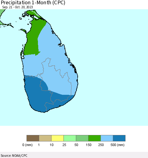 Sri Lanka Precipitation 1-Month (CPC) Thematic Map For 9/21/2023 - 10/20/2023