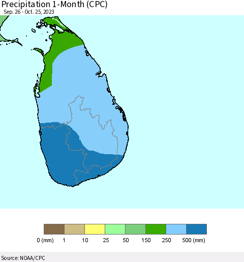 Sri Lanka Precipitation 1-Month (CPC) Thematic Map For 9/26/2023 - 10/25/2023