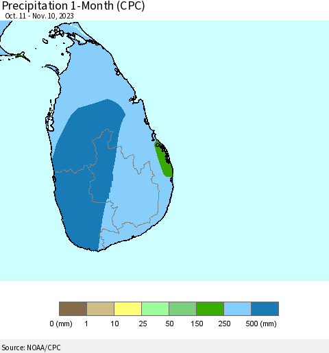 Sri Lanka Precipitation 1-Month (CPC) Thematic Map For 10/11/2023 - 11/10/2023