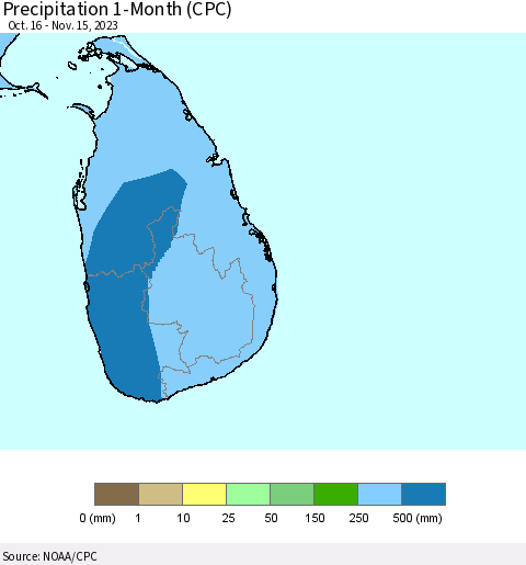 Sri Lanka Precipitation 1-Month (CPC) Thematic Map For 10/16/2023 - 11/15/2023