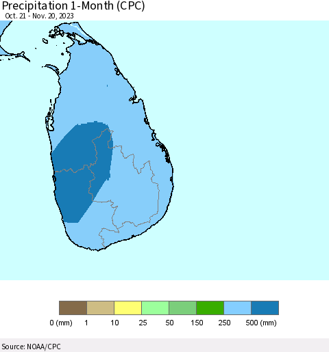 Sri Lanka Precipitation 1-Month (CPC) Thematic Map For 10/21/2023 - 11/20/2023