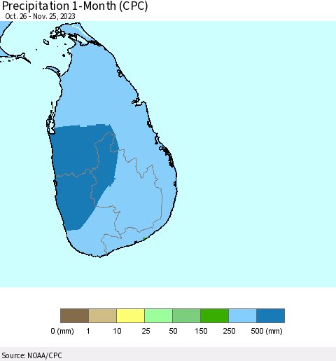 Sri Lanka Precipitation 1-Month (CPC) Thematic Map For 10/26/2023 - 11/25/2023