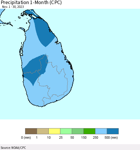 Sri Lanka Precipitation 1-Month (CPC) Thematic Map For 11/1/2023 - 11/30/2023