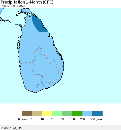 Sri Lanka Precipitation 1-Month (CPC) Thematic Map For 11/6/2023 - 12/5/2023