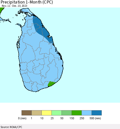 Sri Lanka Precipitation 1-Month (CPC) Thematic Map For 11/11/2023 - 12/10/2023