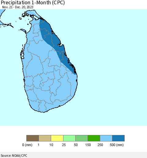 Sri Lanka Precipitation 1-Month (CPC) Thematic Map For 11/21/2023 - 12/20/2023