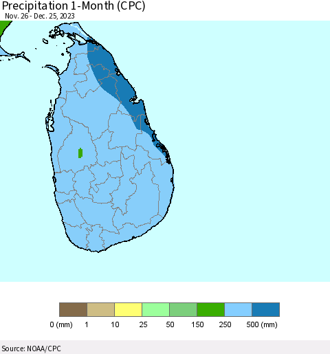 Sri Lanka Precipitation 1-Month (CPC) Thematic Map For 11/26/2023 - 12/25/2023