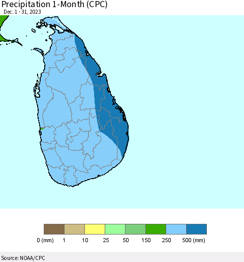 Sri Lanka Precipitation 1-Month (CPC) Thematic Map For 12/1/2023 - 12/31/2023