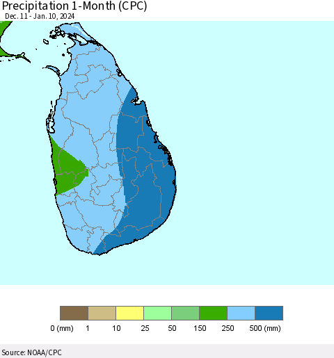 Sri Lanka Precipitation 1-Month (CPC) Thematic Map For 12/11/2023 - 1/10/2024