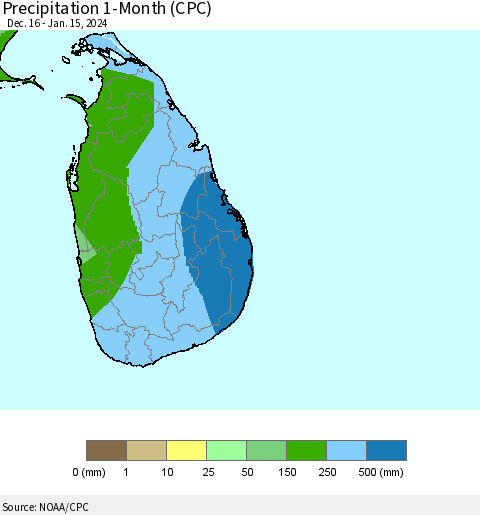 Sri Lanka Precipitation 1-Month (CPC) Thematic Map For 12/16/2023 - 1/15/2024
