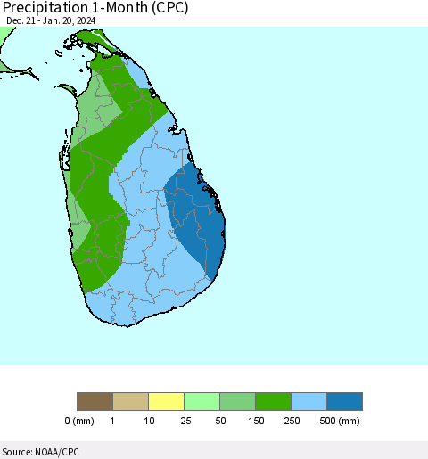 Sri Lanka Precipitation 1-Month (CPC) Thematic Map For 12/21/2023 - 1/20/2024