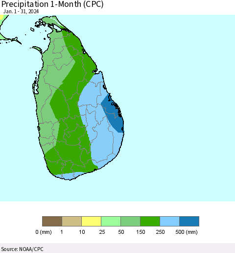 Sri Lanka Precipitation 1-Month (CPC) Thematic Map For 1/1/2024 - 1/31/2024