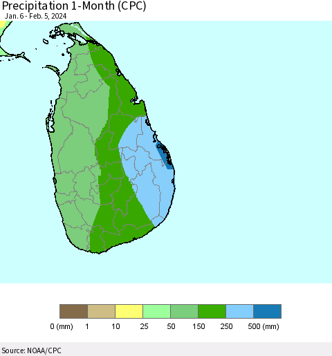 Sri Lanka Precipitation 1-Month (CPC) Thematic Map For 1/6/2024 - 2/5/2024