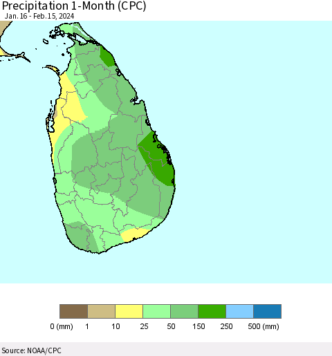 Sri Lanka Precipitation 1-Month (CPC) Thematic Map For 1/16/2024 - 2/15/2024