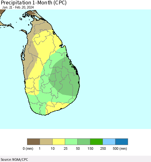 Sri Lanka Precipitation 1-Month (CPC) Thematic Map For 1/21/2024 - 2/20/2024