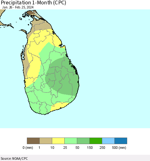 Sri Lanka Precipitation 1-Month (CPC) Thematic Map For 1/26/2024 - 2/25/2024