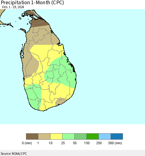 Sri Lanka Precipitation 1-Month (CPC) Thematic Map For 2/1/2024 - 2/29/2024