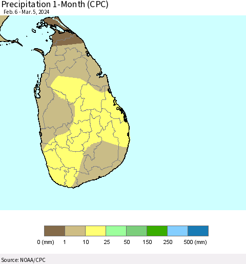 Sri Lanka Precipitation 1-Month (CPC) Thematic Map For 2/6/2024 - 3/5/2024