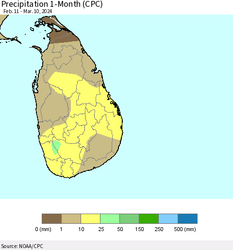 Sri Lanka Precipitation 1-Month (CPC) Thematic Map For 2/11/2024 - 3/10/2024