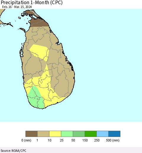 Sri Lanka Precipitation 1-Month (CPC) Thematic Map For 2/16/2024 - 3/15/2024