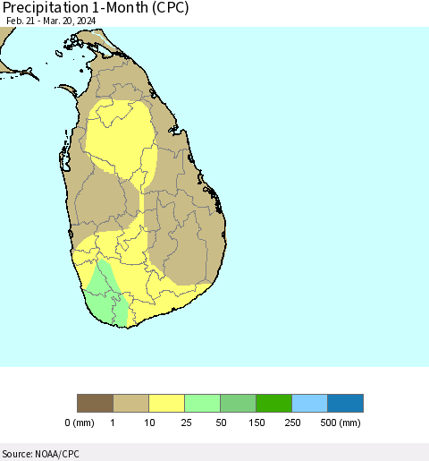 Sri Lanka Precipitation 1-Month (CPC) Thematic Map For 2/21/2024 - 3/20/2024