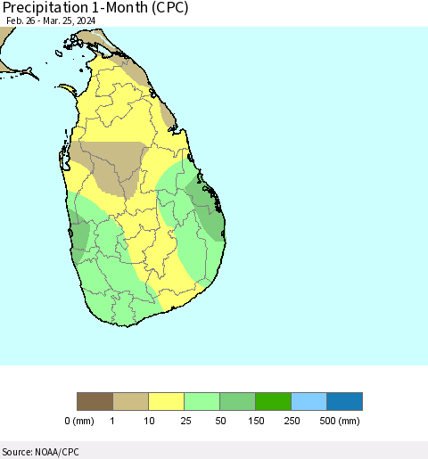 Sri Lanka Precipitation 1-Month (CPC) Thematic Map For 2/26/2024 - 3/25/2024