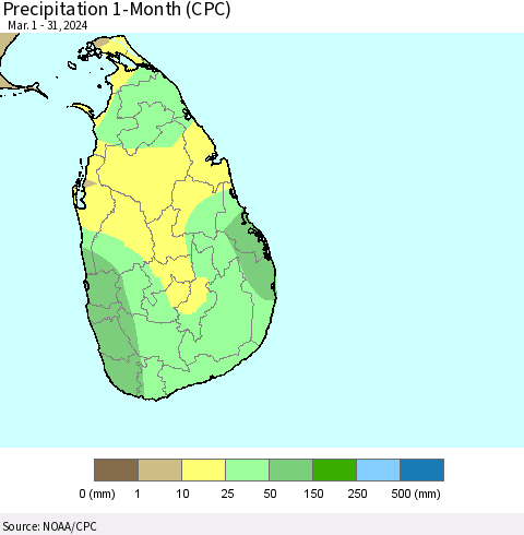 Sri Lanka Precipitation 1-Month (CPC) Thematic Map For 3/1/2024 - 3/31/2024