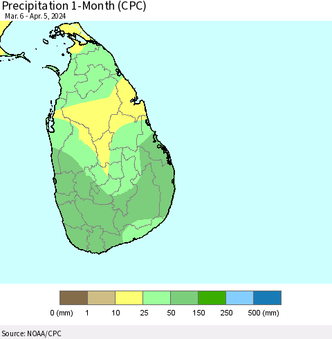 Sri Lanka Precipitation 1-Month (CPC) Thematic Map For 3/6/2024 - 4/5/2024