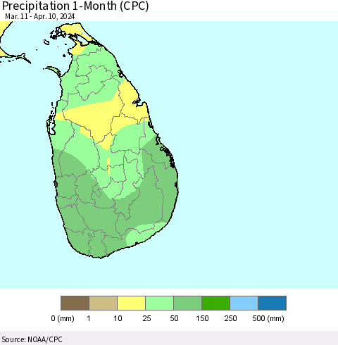 Sri Lanka Precipitation 1-Month (CPC) Thematic Map For 3/11/2024 - 4/10/2024