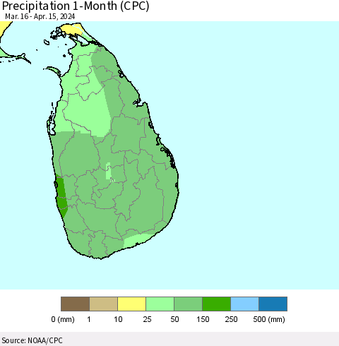 Sri Lanka Precipitation 1-Month (CPC) Thematic Map For 3/16/2024 - 4/15/2024
