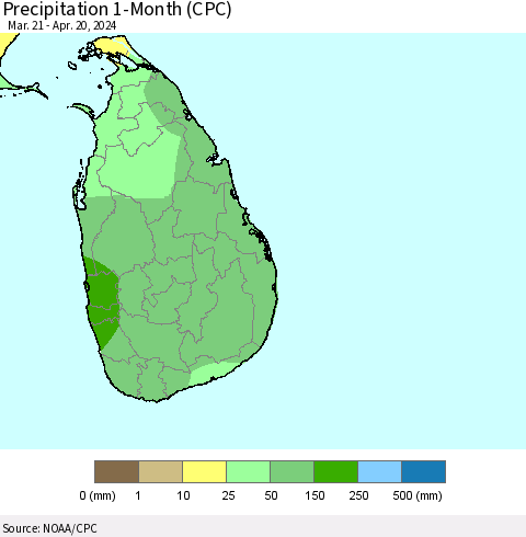 Sri Lanka Precipitation 1-Month (CPC) Thematic Map For 3/21/2024 - 4/20/2024
