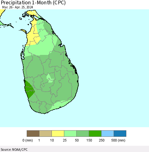 Sri Lanka Precipitation 1-Month (CPC) Thematic Map For 3/26/2024 - 4/25/2024
