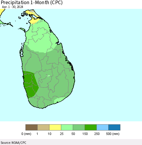 Sri Lanka Precipitation 1-Month (CPC) Thematic Map For 4/1/2024 - 4/30/2024