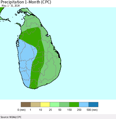 Sri Lanka Precipitation 1-Month (CPC) Thematic Map For 5/1/2024 - 5/31/2024