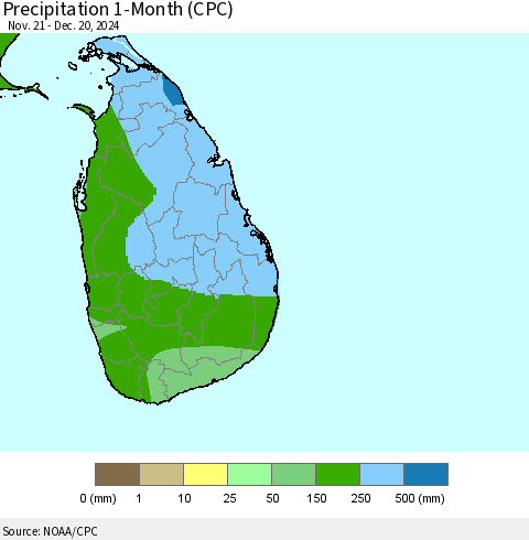 Sri Lanka Precipitation 1-Month (CPC) Thematic Map For 11/21/2024 - 12/20/2024