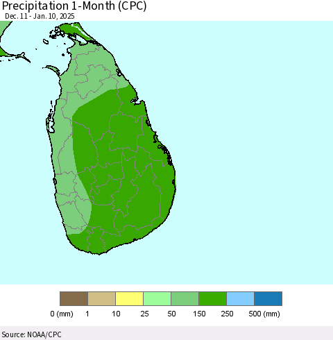 Sri Lanka Precipitation 1-Month (CPC) Thematic Map For 12/11/2024 - 1/10/2025