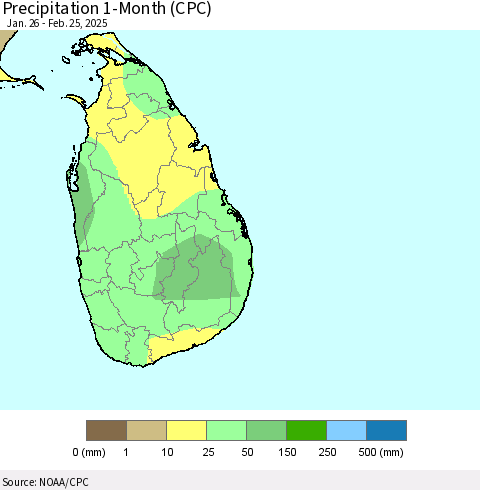 Sri Lanka Precipitation 1-Month (CPC) Thematic Map For 1/26/2025 - 2/25/2025