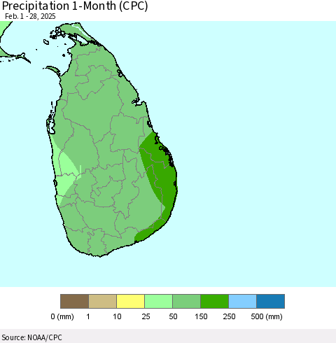 Sri Lanka Precipitation 1-Month (CPC) Thematic Map For 2/1/2025 - 2/28/2025