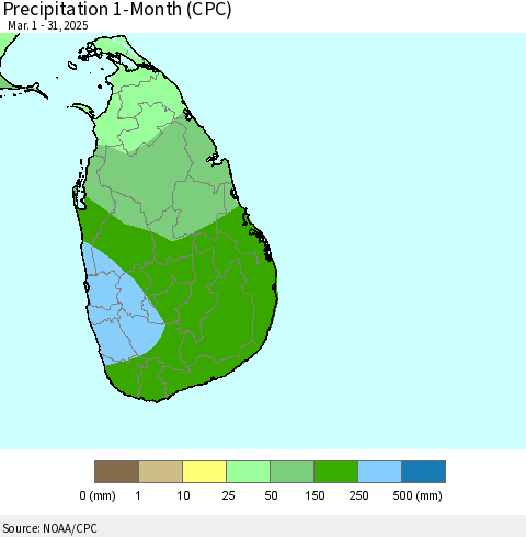 Sri Lanka Precipitation 1-Month (CPC) Thematic Map For 3/1/2025 - 3/31/2025