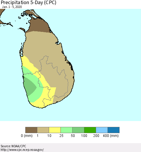 Sri Lanka Precipitation 5-Day (CPC) Thematic Map For 1/1/2020 - 1/5/2020