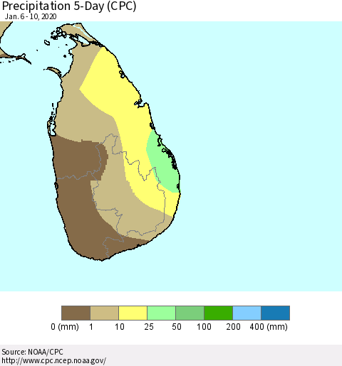 Sri Lanka Precipitation 5-Day (CPC) Thematic Map For 1/6/2020 - 1/10/2020