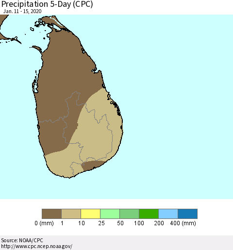 Sri Lanka Precipitation 5-Day (CPC) Thematic Map For 1/11/2020 - 1/15/2020