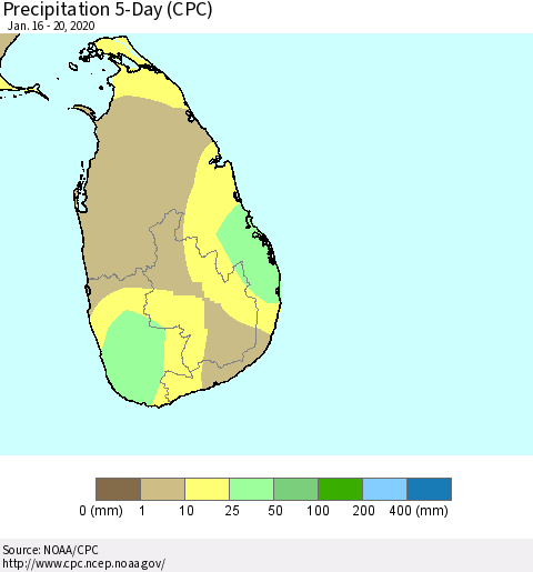 Sri Lanka Precipitation 5-Day (CPC) Thematic Map For 1/16/2020 - 1/20/2020