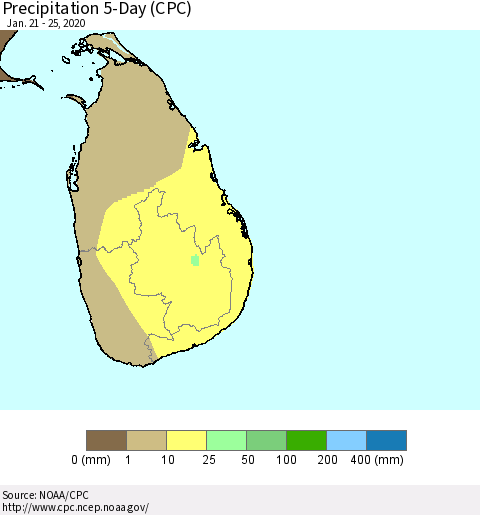 Sri Lanka Precipitation 5-Day (CPC) Thematic Map For 1/21/2020 - 1/25/2020