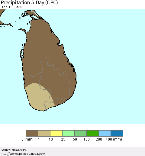 Sri Lanka Precipitation 5-Day (CPC) Thematic Map For 2/1/2020 - 2/5/2020